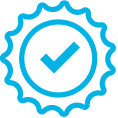 A cyan icon with a checkmark that is circled