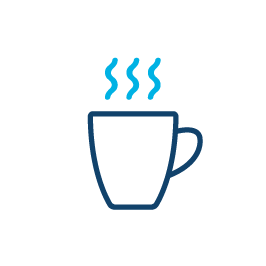 A blue, white, and cyan icon of a coffee mug with steam.