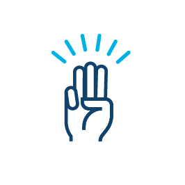 A blue, white, and cyan colored icon of a hand doing the boy scout symbol.