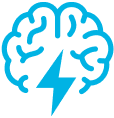 A cyan icon of a brain with a lightening bolt in the middle.