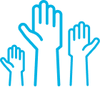 A cyan logo of three hands raised up.