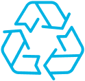 A cyan blue icon of a recycling symbol