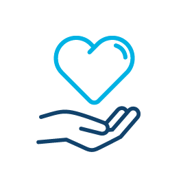 A blue, white, and cyan icon of a hand with a heart hovering over the hand.