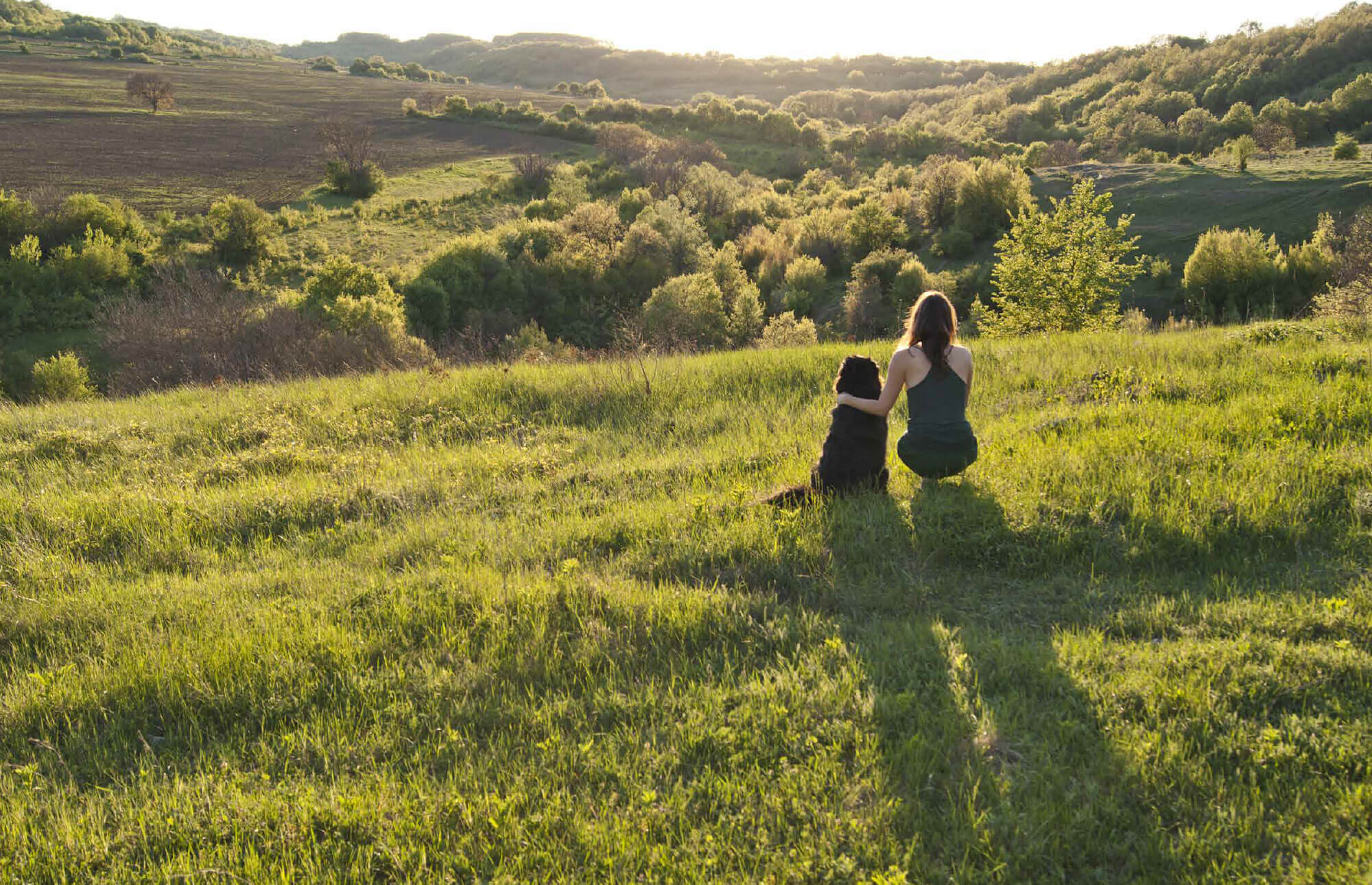 Person and a dog sitting on an open field looking out into an open field.