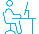 A cyan icon of a person working at a desk.