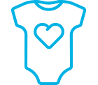 A cyan icon of a baby onsie with a heart on it.