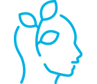 A cyan icon of a a trace out of the side of a face with leaves growing in the head.