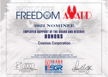 Cosmos 2022 Nomination Certificate for Employer Support of the Guard and Reserve Freedom Award