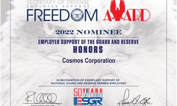 Cosmos 2022 Nomination Certificate for Employer Support of the Guard and Reserve Freedom Award